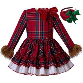 Girls Winter Christmas Red Plaid Royal Clothes Kids Teenage Stylish Festival Family Fashion Dresses