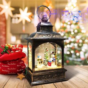 Christmas Snow Globe Snowman Musical Lantern with 6 Hour Timer USB Lined/Battery Operated Retro Style Glitter Globe for Xmas Indoor Decoration and Santa Gifts