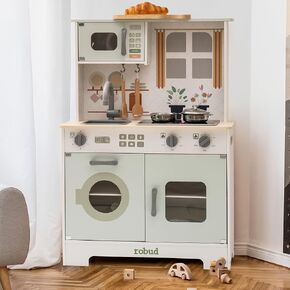 ROBUD Wooden Play Kitchen for Kids Toddlers, Corner Wooden Play Kitchen with Fridge, Ice Maker, Coffee Maker, Juicer, Oven, Dishwasher, Microwave, Utensils, Gift for Ages 3+