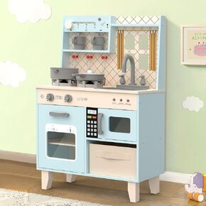 Play Kitchen for Kids, Wooden Kids Kitchen Playset with Toy Storage System, Toy Kitchen Set with Plenty of Play Features, Trendy Home Style Wooden Play Kitchen for Kids with a Modern Design