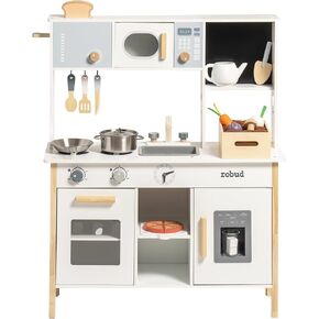 مطبخ لعب الأطفال من ROBUD - مطبخ ألعاب خشبي مع صندوق زرع، مجموعة لعب المطبخ التظاهري من مونتيسوري مع صانع الثلج وفرن بيتزا للأطفال الصغار 3-8 in Kuwait