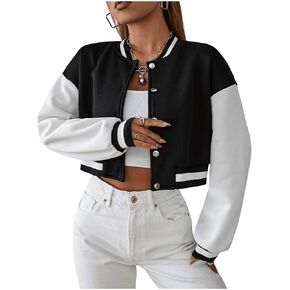 SOLY HUX Women's Color Block Button Down Long Sleeve Cropped Bomber Jacket Outerwear