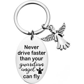 RFTWXHPN New Driver Gifts Keychains for Teen Boys Girls Never Drive Faster than Your Guardian Angel Can Fly Keychain for Son Daughter Drive Safe Key Chains for Granddaughter Brother