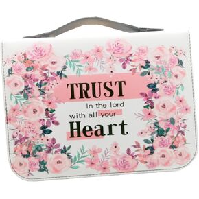 11.2x7.9 Inch Large Classic Bible Cover PU Leather Carrying Book Case Study Bible Case Church Bag Bible Protective with Handle for Women, Girls, Mother (Pink and White)