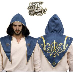 PROCOS Medieval Printed Cowl Print Hood Hat Renaissance Cape Gothic Rogue Cowl Poncho Vampire Cosplay with Brooch