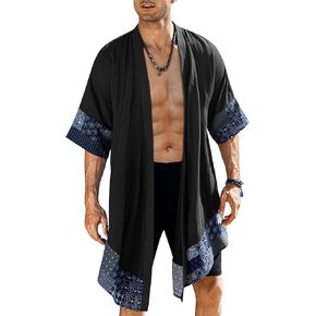 COOFANDY Men's Ruffle Shawl Collar Lightweight Cardigan Long Kimono Jackets Open Front Drape Cape Coat