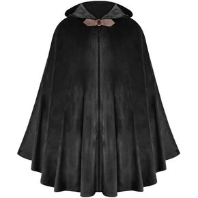 OhMill Renaissance Cloak Men Black Cape Black Cloak Medieval Cloak with Hood velvet cloak Halloween Costumes Adult