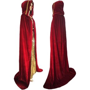 JIAHG Halloween Costume Medieval Hooded Cloak Velvet Cape for Witch Devil Wizard Role-Play Fancy Dress Rave Party Long Robe
