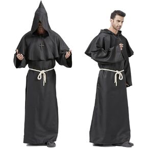 Priest Costume Adult Men,Halloween Costumes for Men 2024,Disfraces de Halloween para Hombres,Monk Costume Renaissance Medieval Hooded Friar Cloak Costume Cowl Robe(New Black,XL)