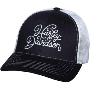Harley-Davidson Women's Swirl Script Adjustable Ponytail Mesh Trucker Hat- Black in Saudi Arabia