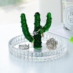 H&D HYALINE & DORA Crystal Cactus Ring Holder Glass Cactus Ring Holder Jewelry Tray Dish for Women Green Trinket Dish for Rings Earrings Bracelets Necklace Organizer (4x3in)