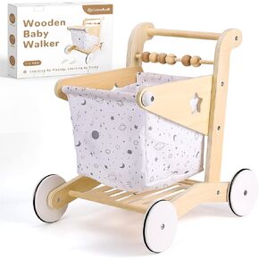 Woodtoe Wooden Baby Walker, Adjustable Push and Pull Learning Activity Center Walker Toy, Natural Wood Sit to Stand Walker for Baby Learning to Walk, Educational Birthday Gift for Toddler Boy Girl 1+