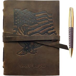 Leather Bound Journal for Men and Women, Handmade Patriotic Gift Set with USA Flag and Eagle Embossed Journal and Stylish Pen, Vintage Notebook, Sketchbook, Planner and Diary A5 (300 Pages) (8x6")