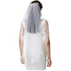 SAMKY White Bridal Wedding Veil with Flower Vine Crystal Pearl Embroidery - Fingertip Length 36"