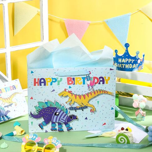 LeZakaa 13" Birthday Gift Bag, Medium Blue Gift Bag with Tissue Paper, Gift Tag and Card - Shark with Word Happy Birthday Design for Boy, Girl, Kids in Saudi Arabia