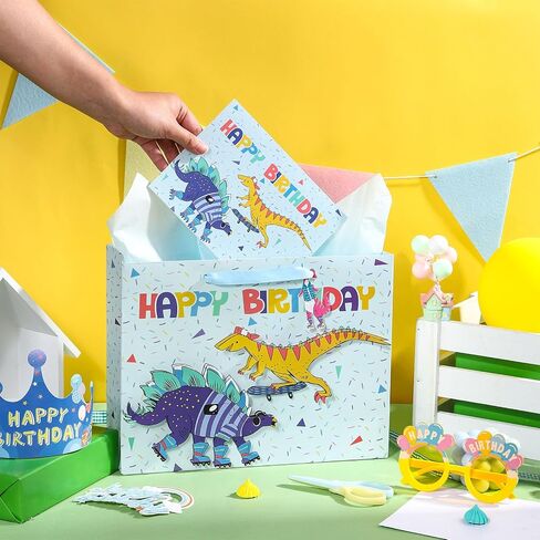 LeZakaa 13" Birthday Gift Bag, Medium Blue Gift Bag with Tissue Paper, Gift Tag and Card - Shark with Word Happy Birthday Design for Boy, Girl, Kids in Saudi Arabia