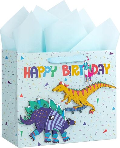 LeZakaa 13" Birthday Gift Bag, Medium Blue Gift Bag with Tissue Paper, Gift Tag and Card - Shark with Word Happy Birthday Design for Boy, Girl, Kids in Saudi Arabia