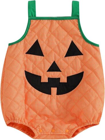 Infant Baby Boy Girl Halloween Outfit Cute Pumpkin Clothes Sleeveless Pumpkin Face Print Tie-Up Bodysuit Dress Up in Kuwait