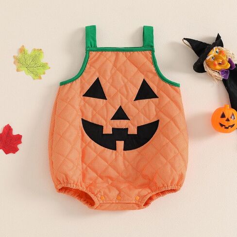 Infant Baby Boy Girl Halloween Outfit Cute Pumpkin Clothes Sleeveless Pumpkin Face Print Tie-Up Bodysuit Dress Up in Kuwait