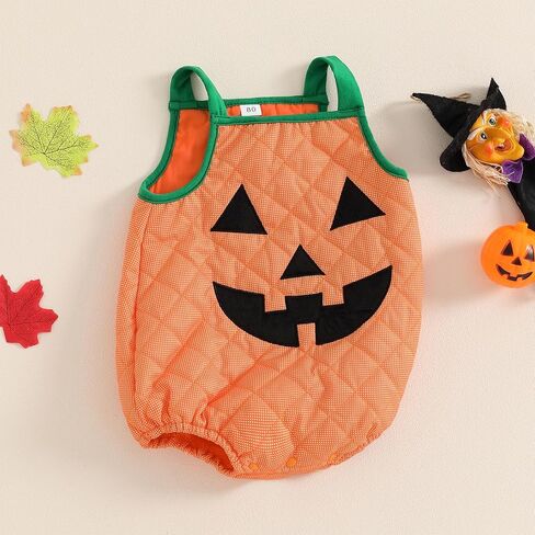 Infant Baby Boy Girl Halloween Outfit Cute Pumpkin Clothes Sleeveless Pumpkin Face Print Tie-Up Bodysuit Dress Up in Kuwait