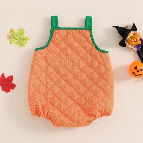 Infant Baby Boy Girl Halloween Outfit Cute Pumpkin Clothes Sleeveless Pumpkin Face Print Tie-Up Bodysuit Dress Up in Kuwait