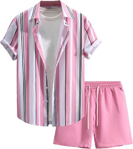 WDIRARA Men's 2 Piece Striped Outfits Short Sleeve Button Front Shirt and Drawstring Shorts Set in Saudi Arabia