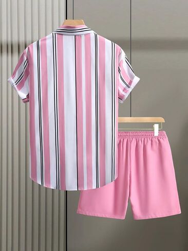 WDIRARA Men's 2 Piece Striped Outfits Short Sleeve Button Front Shirt and Drawstring Shorts Set in Saudi Arabia