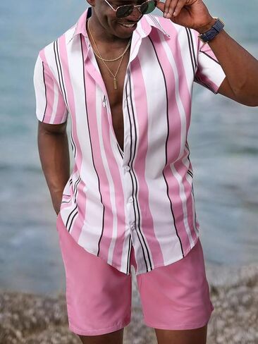 WDIRARA Men's 2 Piece Striped Outfits Short Sleeve Button Front Shirt and Drawstring Shorts Set in Saudi Arabia