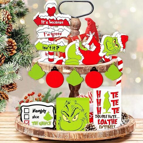 Christmas Tiered Tray Decor 10Pcs, Griin-ch Christmas Decorations Farmhouse Christmas Table Centerpieces Decor Wooden Sign, Rustic Christmas Ornaments Crafts for Holiday Kitchen Shelf Fireplace Party in Kuwait