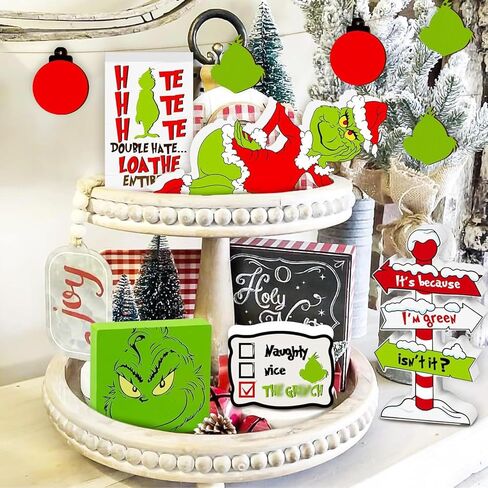 Christmas Tiered Tray Decor 10Pcs, Griin-ch Christmas Decorations Farmhouse Christmas Table Centerpieces Decor Wooden Sign, Rustic Christmas Ornaments Crafts for Holiday Kitchen Shelf Fireplace Party in Kuwait