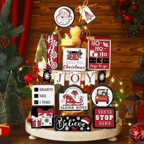 Christmas Tiered Tray Decor 10Pcs, Griin-ch Christmas Decorations Farmhouse Christmas Table Centerpieces Decor Wooden Sign, Rustic Christmas Ornaments Crafts for Holiday Kitchen Shelf Fireplace Party in Kuwait