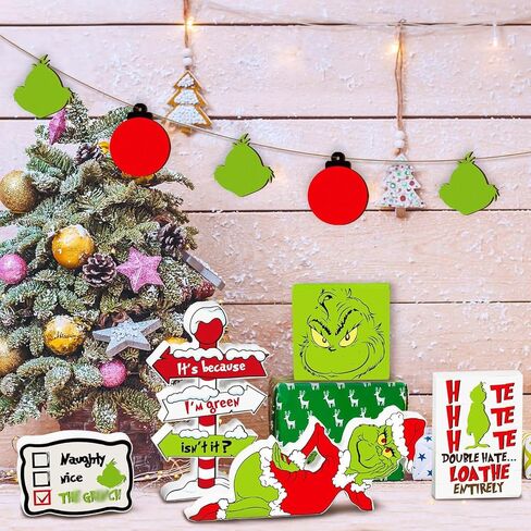 Christmas Tiered Tray Decor 10Pcs, Griin-ch Christmas Decorations Farmhouse Christmas Table Centerpieces Decor Wooden Sign, Rustic Christmas Ornaments Crafts for Holiday Kitchen Shelf Fireplace Party in Kuwait