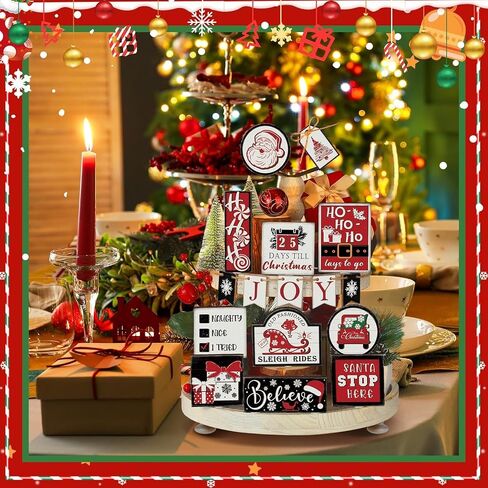 Christmas Tiered Tray Decor 10Pcs, Griin-ch Christmas Decorations Farmhouse Christmas Table Centerpieces Decor Wooden Sign, Rustic Christmas Ornaments Crafts for Holiday Kitchen Shelf Fireplace Party in Kuwait