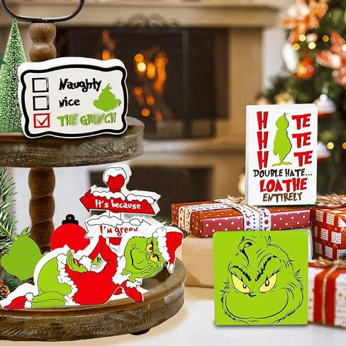 Christmas Tiered Tray Decor 10Pcs, Griin-ch Christmas Decorations Farmhouse Christmas Table Centerpieces Decor Wooden Sign, Rustic Christmas Ornaments Crafts for Holiday Kitchen Shelf Fireplace Party in Kuwait