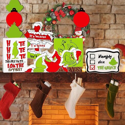 Christmas Tiered Tray Decor 10Pcs, Griin-ch Christmas Decorations Farmhouse Christmas Table Centerpieces Decor Wooden Sign, Rustic Christmas Ornaments Crafts for Holiday Kitchen Shelf Fireplace Party in Kuwait