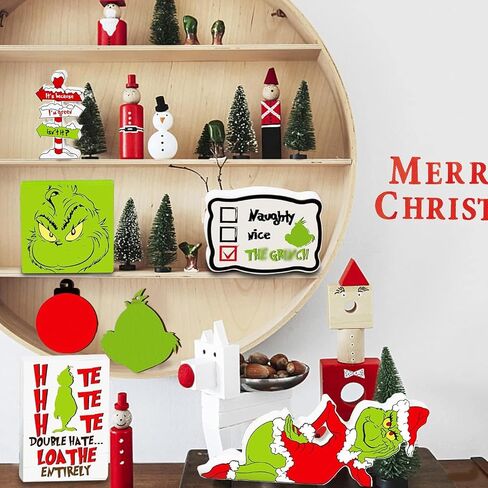 Christmas Tiered Tray Decor 10Pcs, Griin-ch Christmas Decorations Farmhouse Christmas Table Centerpieces Decor Wooden Sign, Rustic Christmas Ornaments Crafts for Holiday Kitchen Shelf Fireplace Party in Kuwait