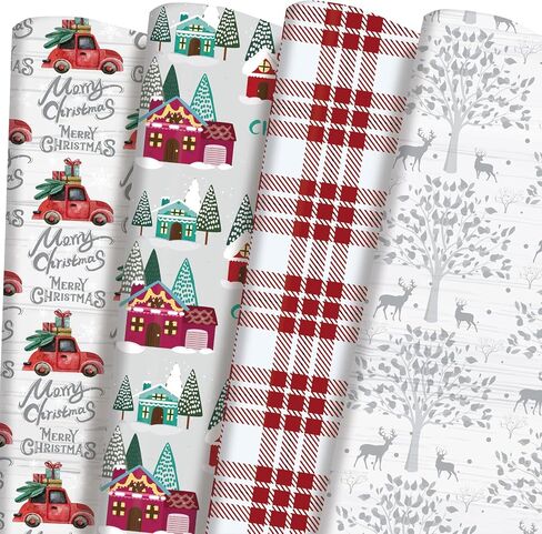 PlandRichW Christmas Wrapping Paper Folded 12 sheets for Kids Adults, 20 x 29 Inches Gift Wrap Paper Plaid, Barn, Red Truck, Moose, Woodland Scenes Designs in Kuwait