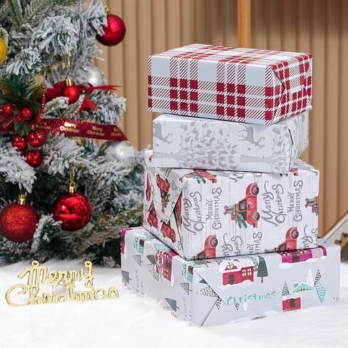PlandRichW Christmas Wrapping Paper Folded 12 sheets for Kids Adults, 20 x 29 Inches Gift Wrap Paper Plaid, Barn, Red Truck, Moose, Woodland Scenes Designs in Kuwait