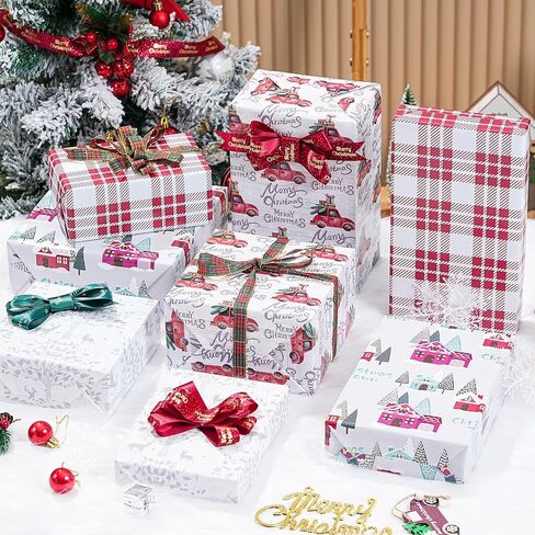 PlandRichW Christmas Wrapping Paper Folded 12 sheets for Kids Adults, 20 x 29 Inches Gift Wrap Paper Plaid, Barn, Red Truck, Moose, Woodland Scenes Designs in Kuwait