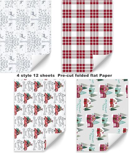 PlandRichW Christmas Wrapping Paper Folded 12 sheets for Kids Adults, 20 x 29 Inches Gift Wrap Paper Plaid, Barn, Red Truck, Moose, Woodland Scenes Designs in Kuwait