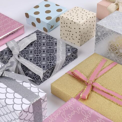 مجموعة ورق تغليف LaRibbons لجميع المناسبات، 17 بوصة × 10 أقدام (4 لفات: 56.68 قدم مربع. Ttl) ذهبي غير لامع، زهور، تصميم منقط مع أشرطة، بطاقات هدايا، لأعياد الميلاد، الزفاف، التخرج in Kuwait