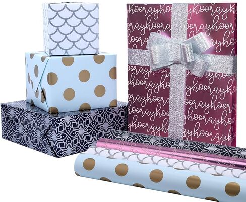 مجموعة ورق تغليف LaRibbons لجميع المناسبات، 17 بوصة × 10 أقدام (4 لفات: 56.68 قدم مربع. Ttl) ذهبي غير لامع، زهور، تصميم منقط مع أشرطة، بطاقات هدايا، لأعياد الميلاد، الزفاف، التخرج in Kuwait