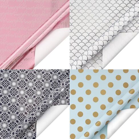 مجموعة ورق تغليف LaRibbons لجميع المناسبات، 17 بوصة × 10 أقدام (4 لفات: 56.68 قدم مربع. Ttl) ذهبي غير لامع، زهور، تصميم منقط مع أشرطة، بطاقات هدايا، لأعياد الميلاد، الزفاف، التخرج in Kuwait