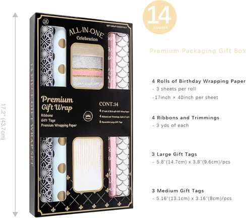 مجموعة ورق تغليف LaRibbons لجميع المناسبات، 17 بوصة × 10 أقدام (4 لفات: 56.68 قدم مربع. Ttl) ذهبي غير لامع، زهور، تصميم منقط مع أشرطة، بطاقات هدايا، لأعياد الميلاد، الزفاف، التخرج in Kuwait