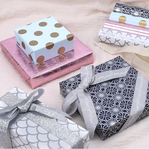 مجموعة ورق تغليف LaRibbons لجميع المناسبات، 17 بوصة × 10 أقدام (4 لفات: 56.68 قدم مربع. Ttl) ذهبي غير لامع، زهور، تصميم منقط مع أشرطة، بطاقات هدايا، لأعياد الميلاد، الزفاف، التخرج in Kuwait