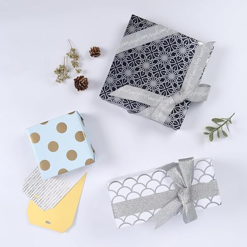 مجموعة ورق تغليف LaRibbons لجميع المناسبات، 17 بوصة × 10 أقدام (4 لفات: 56.68 قدم مربع. Ttl) ذهبي غير لامع، زهور، تصميم منقط مع أشرطة، بطاقات هدايا، لأعياد الميلاد، الزفاف، التخرج in Kuwait