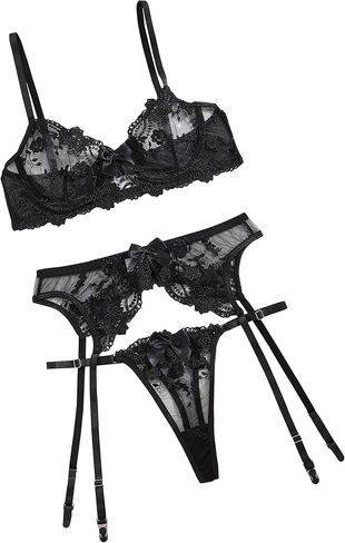 Sexy Floral Embroidery Mesh Sheer Underwire Push Up Garter Belt Women's Sexy Lingerie Set 3 Piece in Saudi Arabia