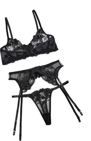 Sexy Floral Embroidery Mesh Sheer Underwire Push Up Garter Belt Women's Sexy Lingerie Set 3 Piece in Saudi Arabia