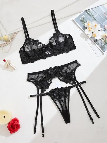 Sexy Floral Embroidery Mesh Sheer Underwire Push Up Garter Belt Women's Sexy Lingerie Set 3 Piece in Saudi Arabia