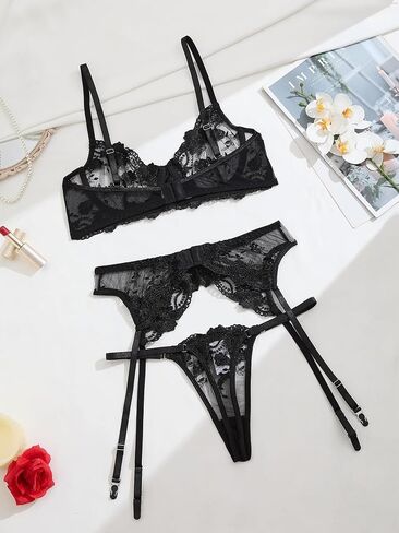 Sexy Floral Embroidery Mesh Sheer Underwire Push Up Garter Belt Women's Sexy Lingerie Set 3 Piece in Saudi Arabia